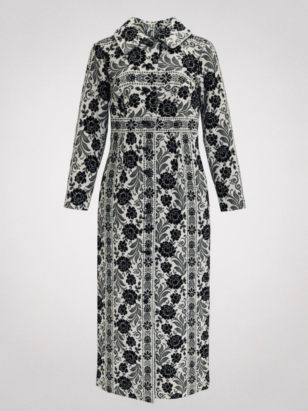 Vintage Early 1970s Black and White Lanz Floral Maxi Dress/Coat with Collar